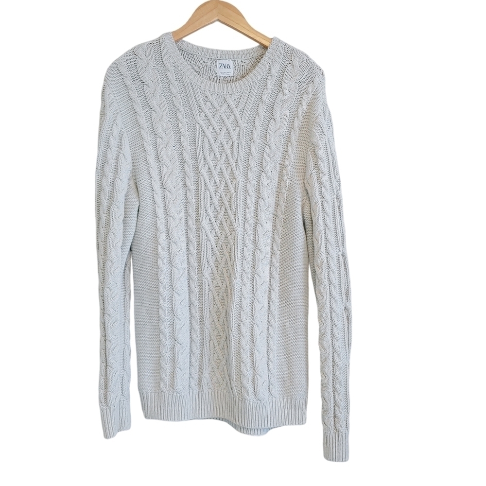 Zara Women's Oyster Shell Gray Cable Knit Fisherman's Sweater Sz L Winter Fall